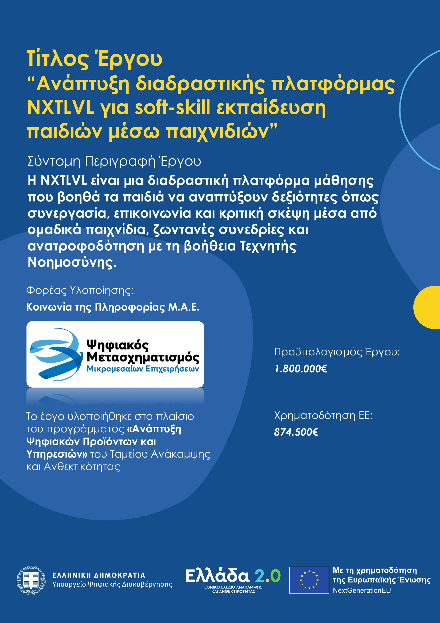 Αφίσα δημοσιότητας έργου NXTLVL – Ελλάδα 2.0, NextGenerationEU